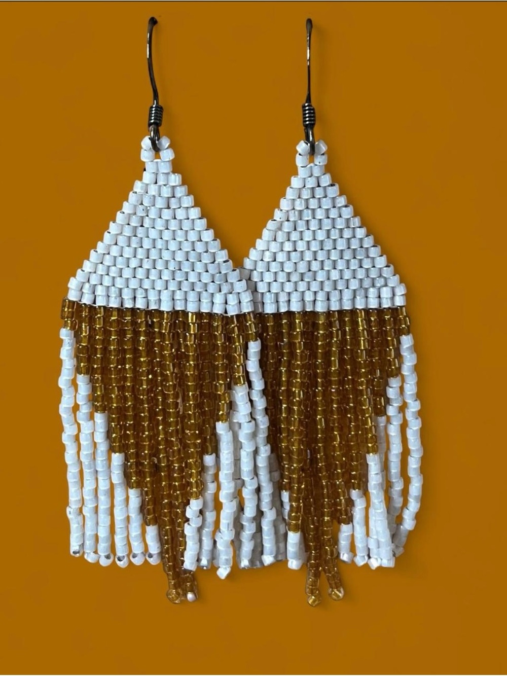 Handmade White and Gold Seed Bead Fringe Earrings